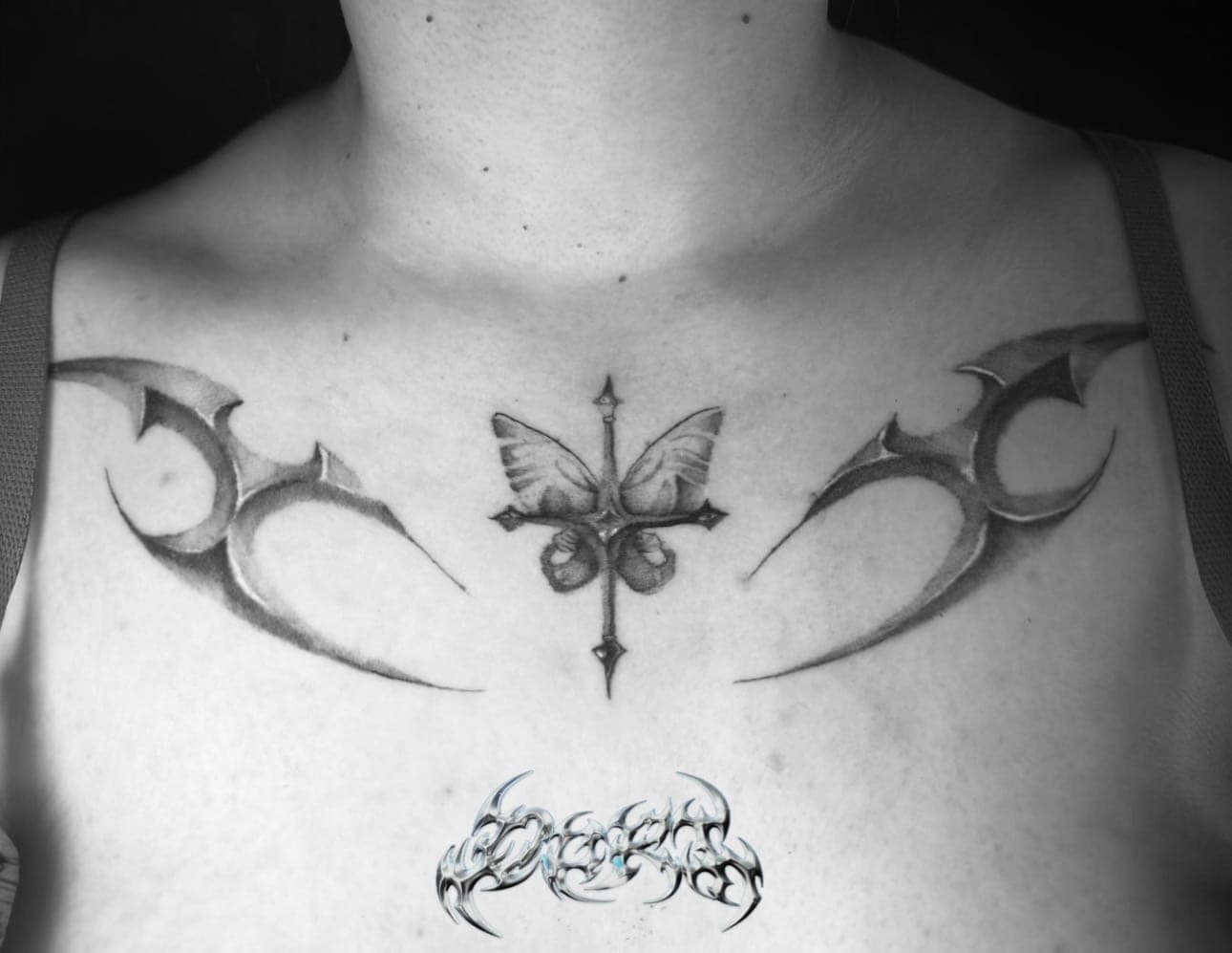 Chrome effect butterfly+collarbone tattoo